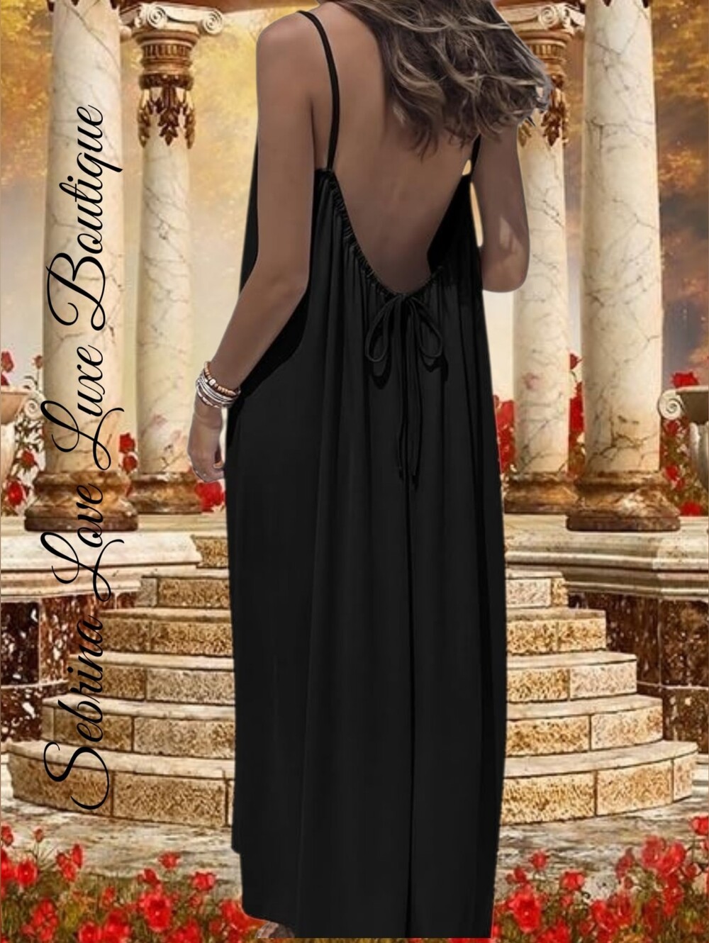 Romantic Flowy Black Adjustable Open-Back Maxi